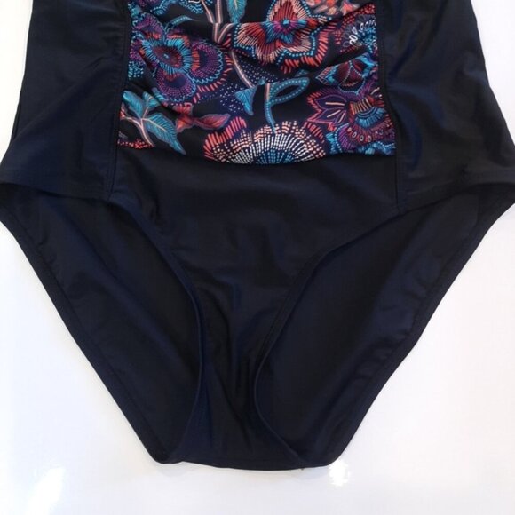 KRISTA One Piece Swimsuit Tropical Floral Panel Solid Black Tummy Control Modest - Picture 5 of 12